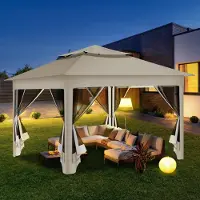 Izrielar Pavillon pliant Pop-up 3,3 × 3,3 × 2,68 m – Pavillon de jardin avec moustiquaire, protection UV, toit à double ventilation, sac de transport et sacs de sable inclus, beige