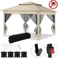 TolleTour Tente pliante Pavillon Pop-up 3,3 x 3,3 x 2,7 m avec parasol, moustiquaire, sac de transport, sacs de sable, protection UV et double toit avec ouverture d'aération - Beige