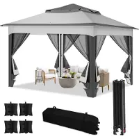 Aopunly - Tente pliante pop-up 3,3 x 3,3 x 2,7 m avec parasol, moustiquaire, sac de transport, sacs de sable, protection UV et double toit avec ouverture d'aération - Gris