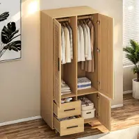 UnboxG Armoire aspect chêne avec motif tressé, 3 portes et 2 tiroirs, dispositif anti-basculement, espace de rangement avec tringle à vêtements et étagères
