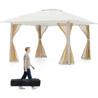 Costway Pavillon 4 x 4 m, pavillon pliant « pop-up » avec 4 moustiquaires, double toit et sac de transport, pavillon de jardin imperméable et résistant à l'hiver, tente de réception beige