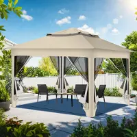HENGDA Tente pliante Pavillon Pop-up 3,3 x 3,3 x 2,7 m, avec parasol, moustiquaire, sac de transport, sacs de sable, protection UV, double toit et ouverture d'aération, beige