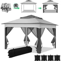 TolleTour Tente pliante Pavillon Pop-up 3,3 x 3,3 x 2,7 m avec parasol, moustiquaire, sac de transport, sacs de sable, protection UV et double toit avec ouverture d'aération - Gris