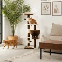 Belviona Arbre à chat, compact 112 cm avec balles de jeu, sisal & grotte de câlins, marron/beige