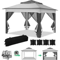 TolleTour Tente 3,3 x 3,3 x 2,7 m, tente pliante, tente de jardin avec 4 parois latérales en gaze, protection UV 50+, double toit gris