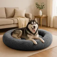Belviona Lit pour chien Donut, lit douillet en peluche avec rembourrage moelleux, maintien sûr & bord ergonomique, 120 cm de diamètre, anthracite