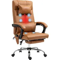 Vinsetto Fauteuil de massage de bureau, chaise d'ordinateur chauffante, repose-pieds, télécommande, coussin appui-tête amovible et oreiller lombaire, poche de rangement, housse synthétique, marron