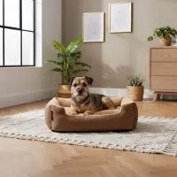 Belviona Lit pour chien avec coussin réversible douillet, facile d'entretien & antidérapant, couchage confortable, 60x48 cm, marron/beige
