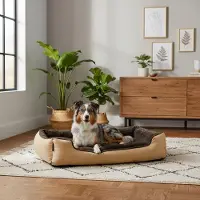Belviona Lit pour chien avec coussin réversible douillet, facile d'entretien & antidérapant, couchage confortable, 90x70 cm, beige/marron