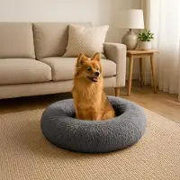 Belviona Lit pour chien Donut, lit douillet en peluche avec rembourrage moelleux, maintien sûr & bord ergonomique, 60 cm de diamètre, anthracite