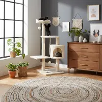 Belviona Arbre à chat, compact 112 cm avec balles de jeu, sisal & grotte de câlins, beige/blanc