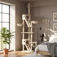 Belviona Arbre à chat XXL avec tendeur de plafond, jeu & soin des griffes à la perfection, hauteur 230-250 cm, beige/blanc