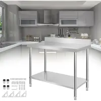 NaiZy Table en acier inoxydable Gastro Table de travail gastronomique réglable en hauteur Table de cuisine 120 x 60 x 85 CM, avec rebord