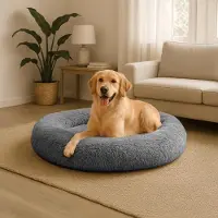 Belviona Lit pour chien Donut, lit douillet en peluche avec rembourrage moelleux, maintien sûr & bord ergonomique, 100 cm de diamètre, anthracite