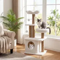 Costway Arbre à chat , 96 cm, avec niche, plate-forme, lit, large socle et 2 balles, troncs épais en jute, arbre à chat en bois beige