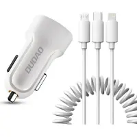 Dudao Chargeur voiture R7 avec câble spiralé 3 en 1 USB C Micro USB Lightning Adaptateur allume-cigare Blanc