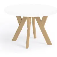 Dekori.Interiors Table ronde à rallonges pour la salle à manger, PERO, style loft, scandinave, diamètre : 120 / 220 cm, couleur : blanc / hêtre naturel