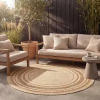 FRAAI Tapis d'extérieur en jute rond | Mavi Border Crème/Marron | Ø 100cm | Crème | Rond | Tapis d'extérieur