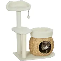 SUGIFT Arbre à chat avec niche, tiges en roseau et en sisal, plate-forme et balle, blanc crème | 60 x 40 x 79 cm | jusqu'à 10 kg | aggloméré et peluche