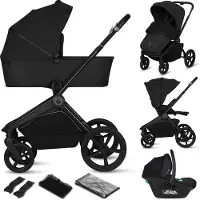 Lionelo Ensemble poussette 3 en 1 Freya avec coque i-Size, nacelle et poussette canne jusqu'à 22 kg, pliable, suspension, siège XXL, UPF 50+, noir