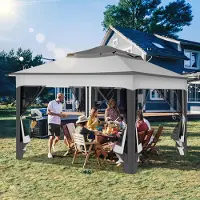 Izrielar Pavillon pliable Pop-up 3,3 × 3,3 × 2,68 m – Pavillon de jardin avec moustiquaire, protection UV, toit à double ventilation, sac de transport et sacs de sable inclus, gris