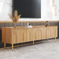 Merax Armoire TV avec portes 3D, TV Lowboard avec poignées et pieds dorés, support TV en MDF, espace de rangement flexible pour le salon, gestion des câbles, naturel