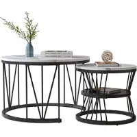 StarTech.com Tables basses - Lot de 2 - Rondes - Plateau en marbre - Piètement en métal - Emboîtables - Noir et blanc