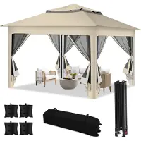 Aopunly - Tente pliante pop-up 3,3 x 3,3 x 2,7 m avec parasol, moustiquaire, sac de transport, sacs de lestage, protection UV et double toit avec ouverture d'aération - Beige