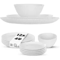Kadax Service de table pour 4 personnes, 12 pièces, service de table blanc en verre opalin avec bols à soupe, assiettes creuses & assiettes à dessert, lavable en machine (blanc)
