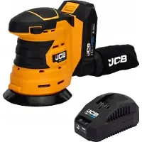 JCB Ponceuse excentrique sans fil 18 V, outil pour le bois et le métal, vitesse de rotation de jusqu'à 10.000 tr/min, plateau de 125 mm, aspiration des poussières de, batterie 2,0 Ah.