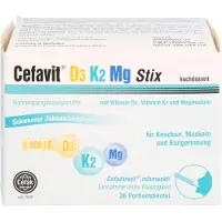 Cefak KG Cefavit D3 K2 Mg 2000 I.E. Stix pour les os et les muscles, au goût de cassis, sachet de 36 unités