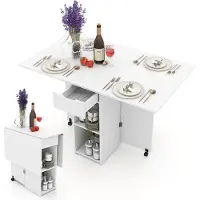 Costway Table de salle à manger pliante à 2 roulettes, table pliante pour petits espaces, table de bureau agrandissable avec plateau à 2 niveaux et tiroir