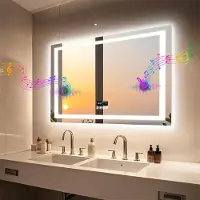 WISFOR miroir de salle de bain LED avec haut-parleur Bluetooth, 100x70cm miroir de salle de bain avec éclairage 3 couleurs de lumière, miroir mural LED antibuée à intensité variable