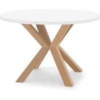 Dekori.Interiors Table ronde à rallonges pour salle à manger RAL avec pieds en bois, style loft, industriel, diamètre : 110 / 210 cm, couleur : blanc / hêtre naturel