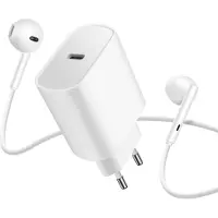 Avizar , Chargeur USB-C 20 W Set avec écouteurs filaires USB-C et télécommande, Blanc