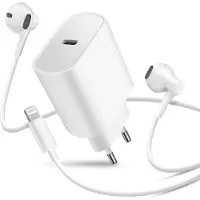 Avizar , Chargeur USB-C 20 W Set avec écouteurs Lightning et télécommande, Blanc