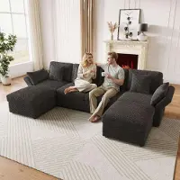 Merax Canapé d'angle en forme de U 4-6 places, avec pouf, accoudoirs réglables, canapé moderne, canapé, salon, meuble de chambre, tissu velours côtelé, gris