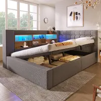 MODFU Lit de jour 140 × 200 avec éclairage LED, tête de lit réversible, rembourré, avec coffre de rangement à système hydraulique et sommier à lattes, lin, sans matelas, gris