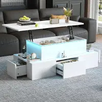 Merax Table basse haute brillance avec LED et fonction élévation, table de salon avec 4 tiroirs, espace de rangement dissimulé, prise USB & étagère ouverte, blanc
