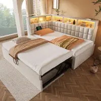 MODFU Lit de jour 90 x 200 cm avec lit coulissant, lit rembourré avec éclairage LED et ports USB, tête de lit en L, sans matelas, beige