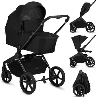 Lionelo Poussette 2 en 1 Freya avec nacelle et siège auto, pliable jusqu'à 22 kg, roues en polyuréthane, suspension, surface de couchage XXL - Noir