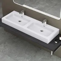 Doporro Double Lavabo à Poser Blanc Mat 140cm Vasque pour 2 Lave Mains pour Salle de Bains 140x48x13 Colossum830