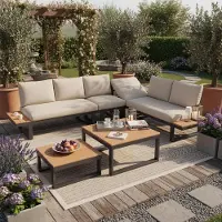 SUCCESS COURIER Ensemble de mobilier de jardin d'angle, 5 niveaux d'inclinaison jusqu'à 55°, tubes en acier galvanisé, plateau en bois synthétique, 2 tables basses, beige et gris, facile d'entretien pour l'extérieur