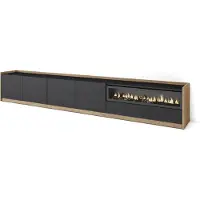 Skraut Home SOKKEL Meuble TV, Banc Télé, Grand espace de Rangement, 310x37x50cm, Pour les TV jusqu'à 80", Cheminée électrique, Noir et chêne