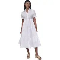 DKNY Button Front Poplin Short Sleeve Dress Blanc S Femme
