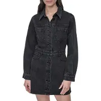 DKNY Button Down Denim Long Sleeve Short Dress Noir S Femme