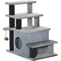 SUGIFT Escalier pour chat avec maisonnette, jouet, griffoir. 4 marches, panneau de fibres à poils, gris. Réglable en hauteur. Pour animaux de moins de 5 kg. Dimensions : 60 x 40 x 66 cm