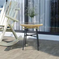 SUGIFT Table d'appoint de jardin style bohème, table en verre, rotin PE et métal, table d'appoint en polyrotin, beige | 50 x 50 x 50 cm | verre trempé de 5 mm | résistante aux intempéries
