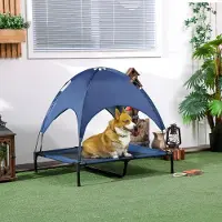 SUGIFT Lit pour chien d'extérieur surélevé et pliable avec auvent, couchage en filet respirant, bleu foncé | 92 x 76 x 90 cm | 18 cm de hauteur par rapport au sol | Sac de transport