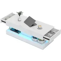 SUGIFT Table basse design pour salon, avec éclairage LED et 2 tiroirs, en panneaux de particules avec finition haute brillance, de couleur blanche. | 24 kg | Télécommande avec 12 couleurs | 120x50x42 cm
